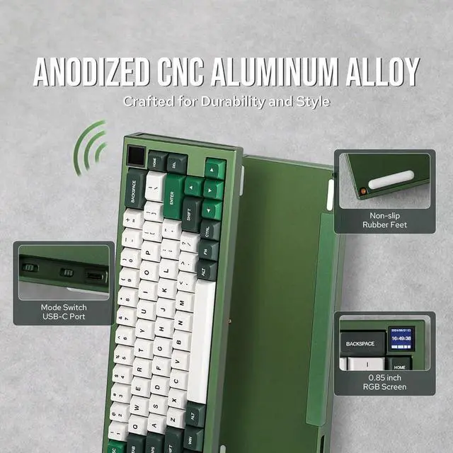 Alt view image 3 of 7 - EPOMAKER MS68 Wireless Gaming Keyboard with 0.85 Screen, CNC Aluminum Alloy Mechanical Keyboard, Bluetooth 5.0/2.4ghz/Wired Hot Swappable Custom Keyboard (Green, Flamingo Switch)