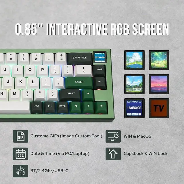 Alt view image 4 of 7 - EPOMAKER MS68 Wireless Gaming Keyboard with 0.85 Screen, CNC Aluminum Alloy Mechanical Keyboard, Bluetooth 5.0/2.4ghz/Wired Hot Swappable Custom Keyboard (Green, Flamingo Switch)