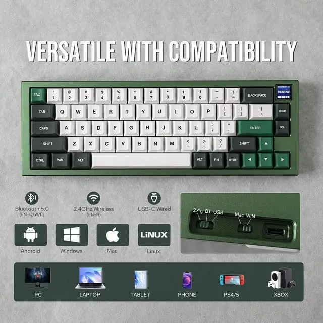 Alt view image 5 of 7 - EPOMAKER MS68 Wireless Gaming Keyboard with 0.85 Screen, CNC Aluminum Alloy Mechanical Keyboard, Bluetooth 5.0/2.4ghz/Wired Hot Swappable Custom Keyboard (Green, Flamingo Switch)