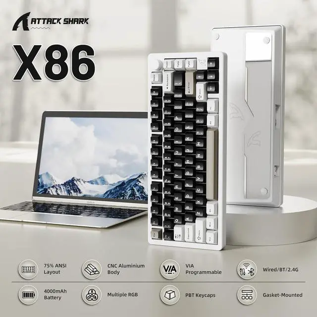 Alt view image 2 of 7 - ATTACK SHARK X86 Wireless Gaming Keyboard 75%,Aluminum Mechanical Keyboard,3-Modes Creamy Keyboard,Hot-Swap Custom Keyboard with Knob,Gasket Structure,Linear Switches,RGB Backlit Keyboard-Milk White