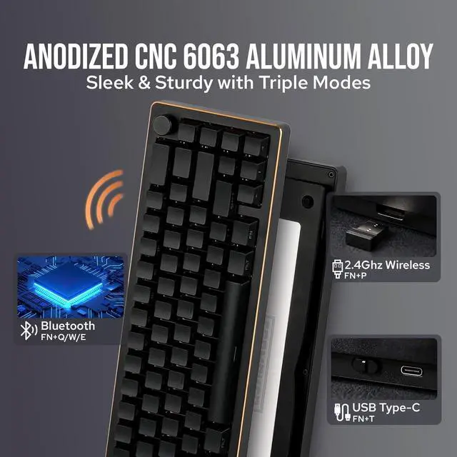Alt view image 2 of 7 - EPOMAKER Tide65 QMK/VIA Wireless Gaming Keyboard, 65% Aluminum Mechanical Keyboard, Programmable Creamy Keyboard, Bluetooth/2.4Ghz/USB-C, with FR4 Plate for Win/Mac (Black, Lemon Switch)