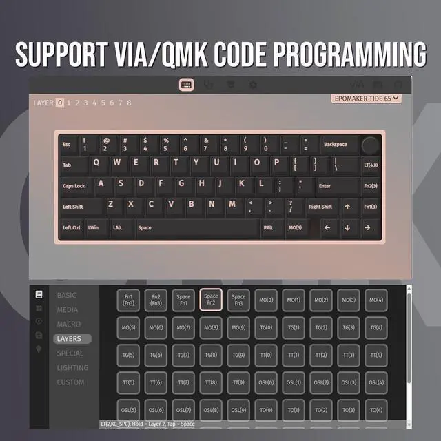 Alt view image 4 of 7 - EPOMAKER Tide65 QMK/VIA Wireless Gaming Keyboard, 65% Aluminum Mechanical Keyboard, Programmable Creamy Keyboard, Bluetooth/2.4Ghz/USB-C, with FR4 Plate for Win/Mac (Black, Lemon Switch)