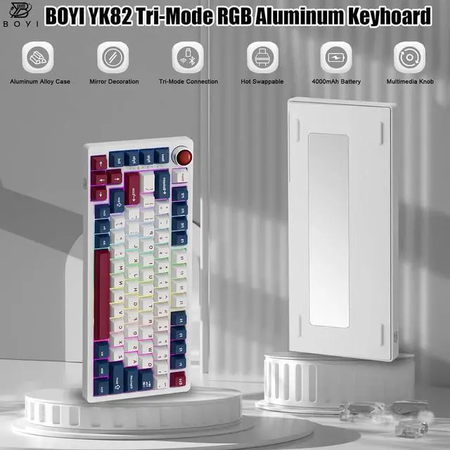 Alt view image 6 of 7 - BOYI 82Keys Aluminum Alloy Mechanical Keyboard,75% RGB Gasket-Mounted BT5.0/2.4G/Type-C Wired Tri-Mode Hot-Swap Programmable PBT Keycaps Gaming Keyboard with Knob for MAC/Win(Ruby Red PBT Keycaps)