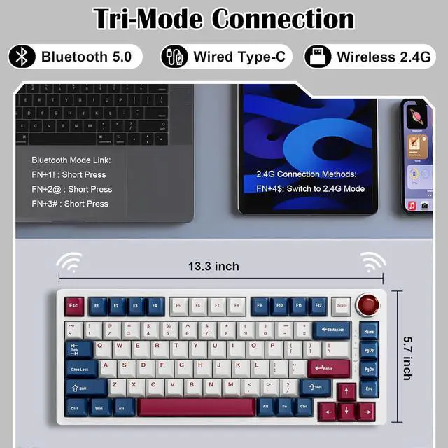 Alt view image 5 of 7 - BOYI 82Keys Aluminum Alloy Mechanical Keyboard,75% RGB Gasket-Mounted BT5.0/2.4G/Type-C Wired Tri-Mode Hot-Swap Programmable PBT Keycaps Gaming Keyboard with Knob for MAC/Win(Ruby Red PBT Keycaps)