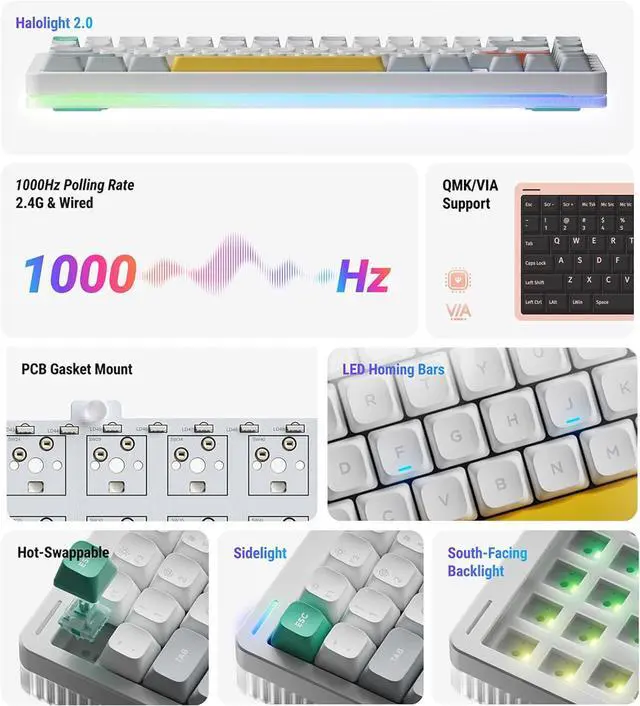 Alt view image 5 of 6 - nuphy Halo75 V2 Mechancial Gaming Kyeboard,75% Wireless Hot Swappable Bluetooth Keyboard,83 Kyes RGB Backlit Keyboard,Support Bluetooth/2.4GHz/USB-C (White, Raspberry (46gf))