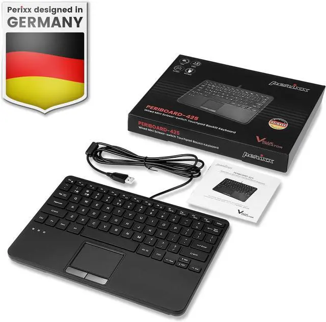 Alt view image 7 of 7 - Perixx PERIBOARD-425 US Wired Mini USB Keyboard with Touchpad, X Type Scissor Keys, White Backlit, 2 USB Hubs, Compact 11.18x7.17x1.1 Inches, US English