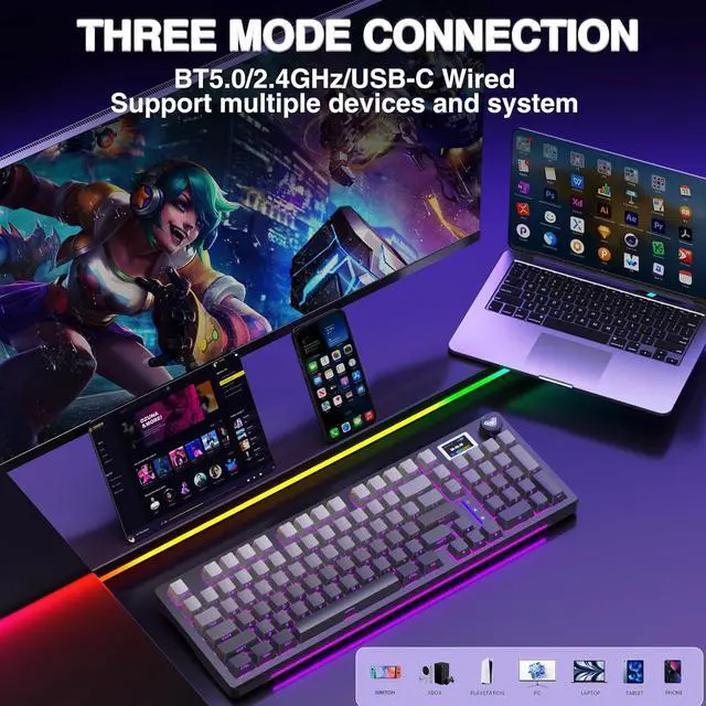 Alt view image 4 of 7 - AULA S98 Pro Wireless Mechanical Keyboard with Screen & Knob,2.4GHz/USB-C/BT5.0 Hot Swappable Creamy Keyboard,Pre-lubed Linear Switches,Side Printed PBT Keycaps,RGB Backlit Gaming Keyboards