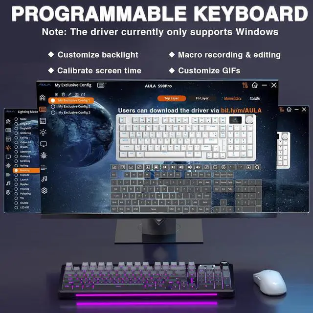 Alt view image 7 of 7 - AULA S98 Pro Wireless Mechanical Keyboard with Screen & Knob,2.4GHz/USB-C/BT5.0 Hot Swappable Creamy Keyboard,Pre-lubed Linear Switches,Side Printed PBT Keycaps,RGB Backlit Gaming Keyboards