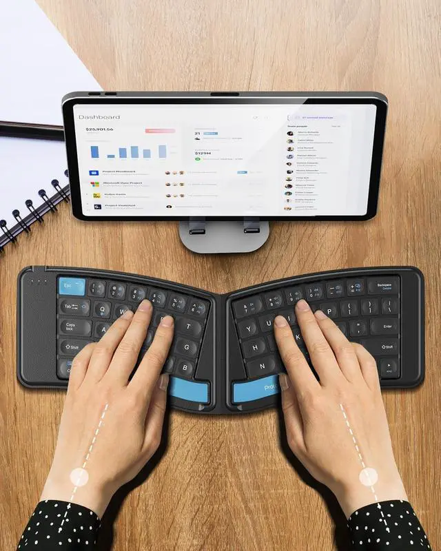 Alt view image 2 of 7 - ProtoArc Ergonomic Foldable Keyboard Mouse, XKM03 Portable Folding Bluetooth Keyboard Mouse for Business and Travel, Split Design, 3 Bluetooth, Rechargeable, for iPad, Tablet, iPhone - Blue Esc Button