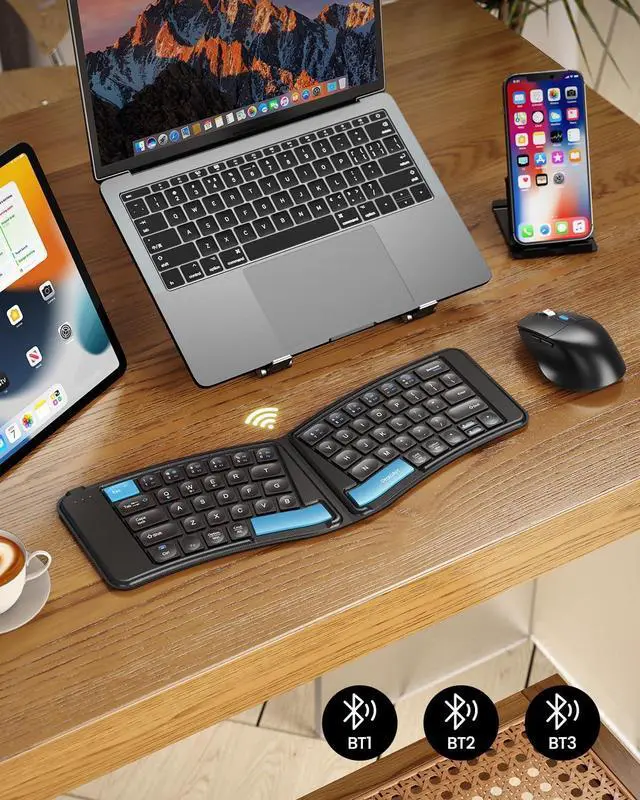 Alt view image 5 of 7 - ProtoArc Ergonomic Foldable Keyboard Mouse, XKM03 Portable Folding Bluetooth Keyboard Mouse for Business and Travel, Split Design, 3 Bluetooth, Rechargeable, for iPad, Tablet, iPhone - Blue Esc Button