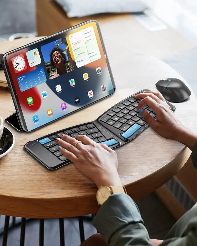 Alt view image 7 of 7 - ProtoArc Ergonomic Foldable Keyboard Mouse, XKM03 Portable Folding Bluetooth Keyboard Mouse for Business and Travel, Split Design, 3 Bluetooth, Rechargeable, for iPad, Tablet, iPhone - Blue Esc Button