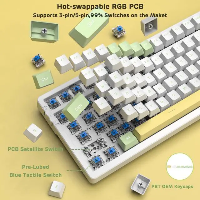 Alt view image 4 of 7 - AJAZZ AK992 Wireless Gaming Keyboard,2 in 1 Custom Coiled Cable,Illuminated RGB Hot Swappable Wireless Keyboard, Rechargeable 2.4G/BT5.0/Wired,PBT Keycaps Gasket Mount Knob for PC/Mac/PS4(Blue Switch)