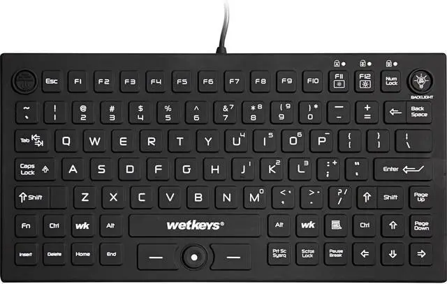Main image of WetKeys Professional-Grade Mid-Size Rigid Silicone Washable Keyboard with Pointing-Device, Backlight and ON-Off Switch (USB) (Black) | KBWKRC89PB-BK