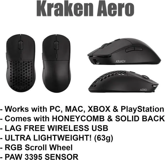 Alt view image 2 of 7 - Kraken AERO - Superlight Wireless Gaming Mouse, Ultra-Lightweight, LAG-Free Wireless, Dual-Mode (2.4Ghz + Wired) Symmetrical, 26,000 DPI, PAW3395 Compatible with PC/MAC (Black)