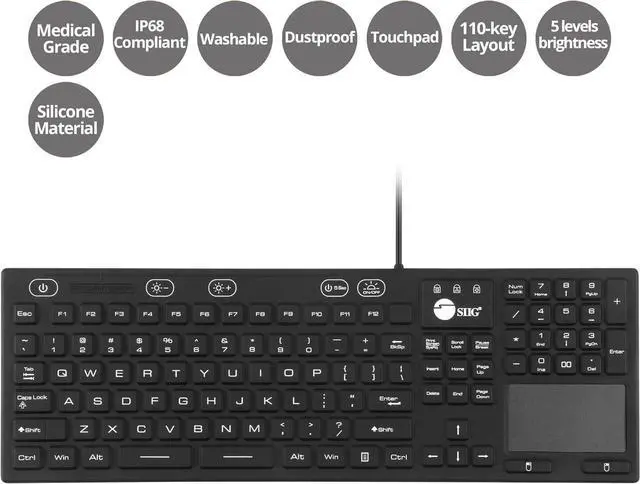Alt view image 2 of 7 - SIIG Wired Silicone Washable USB-A Keyboard with Touchpad, 110-key Layout, Industrial & Medical Grade, Dustproof, IP68 Compliant, 5 Levels Brightness, Silent & Quiet, Windows, Mac (JK-US0W11-S1)