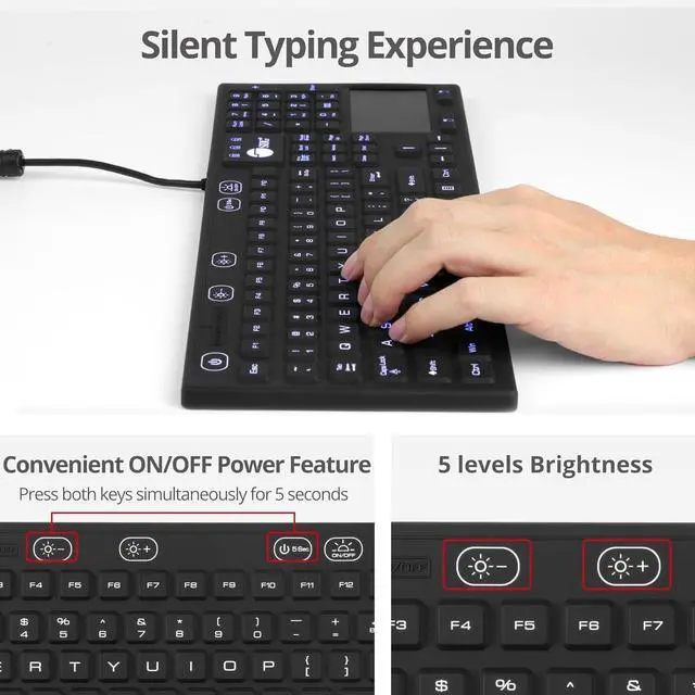 Alt view image 5 of 7 - SIIG Wired Silicone Washable USB-A Keyboard with Touchpad, 110-key Layout, Industrial & Medical Grade, Dustproof, IP68 Compliant, 5 Levels Brightness, Silent & Quiet, Windows, Mac (JK-US0W11-S1)