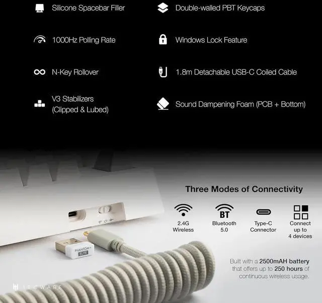 Alt view image 4 of 6 - TECWARE Phantom+ Elite 87 Key RGB Mechanical Gaming Keyboard, LED Backlit, Universal Hot-Swap, Wired and Wireless, 3 Mode Connectivity, Thocky Sounding, White Elite Wraith Orange