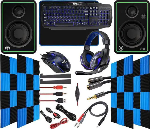 Main image of Ritz Gear Blue Gaming Kit I 4-in-1 LED Combo with Multimedia Keyboard, Optical Mouse, Mouse Pad & Headset with Adapter with CR5-X Bluetooth Monitors and 24 Pack Acoustic Soundproof Wedge Panels