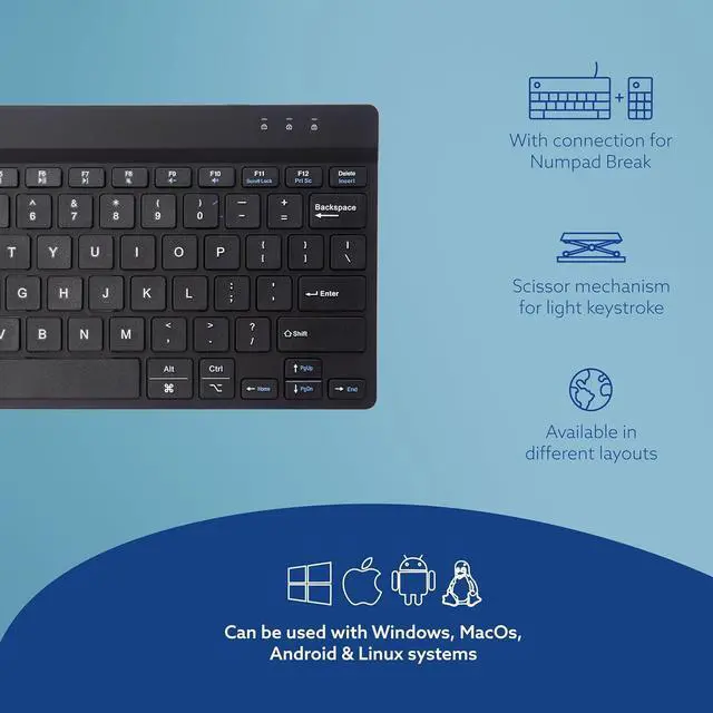 Alt view image 4 of 7 - R-Go Compact Keyboard Bluetooth, with Break Software, Ergonomic Flat Design, Anti-RSI, Compatible with Windows/Mac OS, QWERTY (US), Black