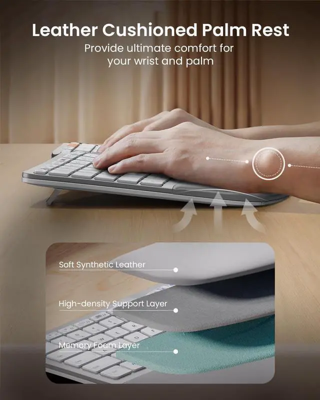 Alt view image 6 of 7 - ProtoArc Backlit Bluetooth Ergonomic Keyboard, EK01 Plus Full Size Wireless Split Keyboard with Dual Bluetooth and USB, Cushioned Wrist Rest, Rechargeable, for Windows/Mac/Android, White and Silver
