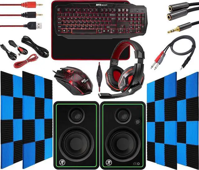 Main image of RitzGear Red Gaming Kit I 4-in-1 LED Combo with Multimedia Keyboard, Optical Mouse, Mouse Pad & Headset with Adapter with CR3-X Bluetooth Monitors and 24 Pack Acoustic Soundproof Wedge Panels