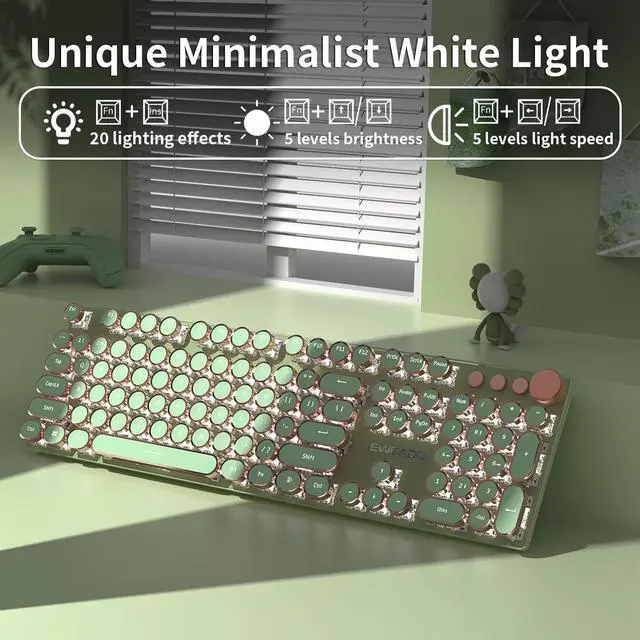 Alt view image 2 of 6 - Typewriter Style Mechanical Gaming Keyboard,104 Keys Backlit LED Keyboard, Media Control Knob, Wired Computer Keyboard Pink Switch for Windows/Mac/PC-Green