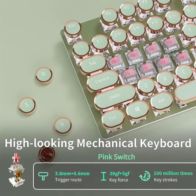 Alt view image 3 of 6 - Typewriter Style Mechanical Gaming Keyboard,104 Keys Backlit LED Keyboard, Media Control Knob, Wired Computer Keyboard Pink Switch for Windows/Mac/PC-Green