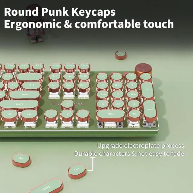 Alt view image 6 of 6 - Typewriter Style Mechanical Gaming Keyboard,104 Keys Backlit LED Keyboard, Media Control Knob, Wired Computer Keyboard Pink Switch for Windows/Mac/PC-Green