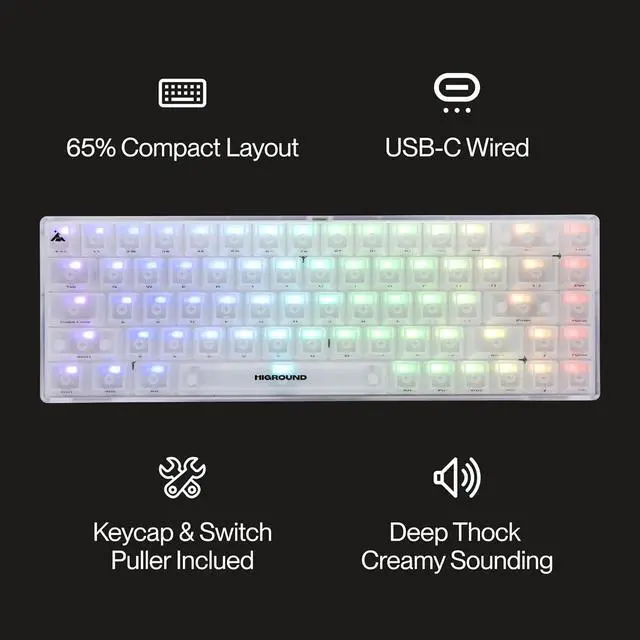 Alt view image 5 of 7 - Higround Crystal Opal Basecamp 65% Mechanical USB Wired Gaming Keyboard, Silent Glacier Switches, Programmable RGB, Transparent/Translucent, Hot-Swappable, Deep Thock Creamy Sounding PC Keyboard