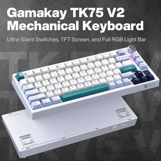 Alt view image 2 of 7 - GK GAMAKAY TK75 V2 75% Silent Mechanical Keyboard with TFT Screen, Hot Swap RGB Bluetooth 5.0/2.4GHz Wireless/USB-C Wired PBT Cherry Profile Keycaps Gaming Keyboard (GamaKay Phoenix Switch)