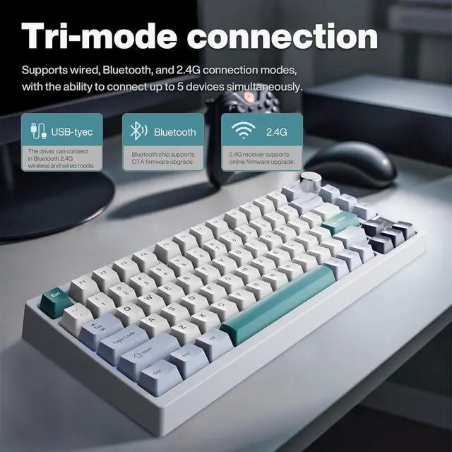 Alt view image 6 of 7 - GK GAMAKAY TK75 V2 75% Silent Mechanical Keyboard with TFT Screen, Hot Swap RGB Bluetooth 5.0/2.4GHz Wireless/USB-C Wired PBT Cherry Profile Keycaps Gaming Keyboard (GamaKay Phoenix Switch)