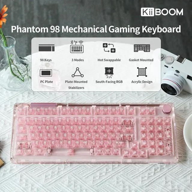 Alt view image 2 of 7 - KiiBoom Phantom 98 Hot Swappable Crystal Gasket-Mounted Mechanical Keyboard, Triple Mode NKRO Gaming Keyboard with South-Facing RGB, Clear Keycaps, 8000mAh Battery for Win/Mac (Pink)