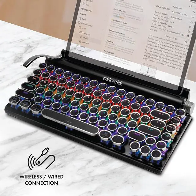 Alt view image 2 of 7 - Eklectik Vintage Typewriter Keyboard Wireless Bluetooth, Mechanical 83-Key, 14 LED Light Modes, USB C, Blue Switches, Wired or Wireless Keyboard, Compatible with PC, Laptop, Tablet