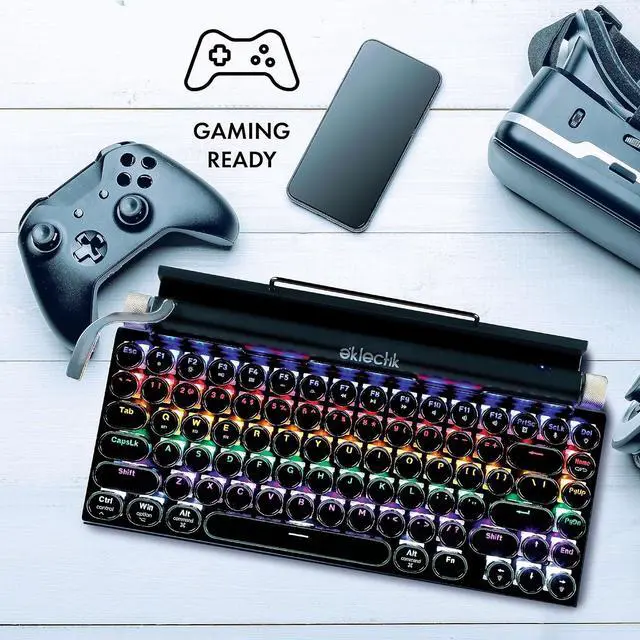 Alt view image 3 of 7 - Eklectik Vintage Typewriter Keyboard Wireless Bluetooth, Mechanical 83-Key, 14 LED Light Modes, USB C, Blue Switches, Wired or Wireless Keyboard, Compatible with PC, Laptop, Tablet