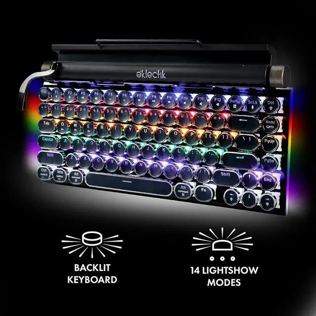 Alt view image 4 of 7 - Eklectik Vintage Typewriter Keyboard Wireless Bluetooth, Mechanical 83-Key, 14 LED Light Modes, USB C, Blue Switches, Wired or Wireless Keyboard, Compatible with PC, Laptop, Tablet