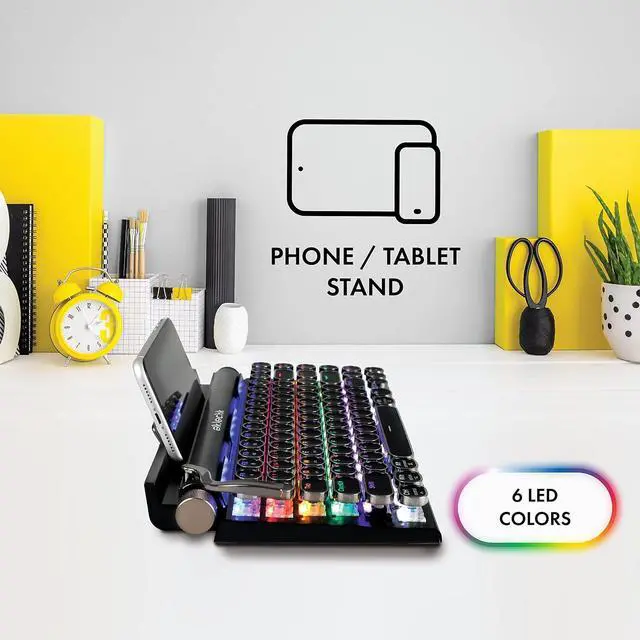 Alt view image 7 of 7 - Eklectik Vintage Typewriter Keyboard Wireless Bluetooth, Mechanical 83-Key, 14 LED Light Modes, USB C, Blue Switches, Wired or Wireless Keyboard, Compatible with PC, Laptop, Tablet