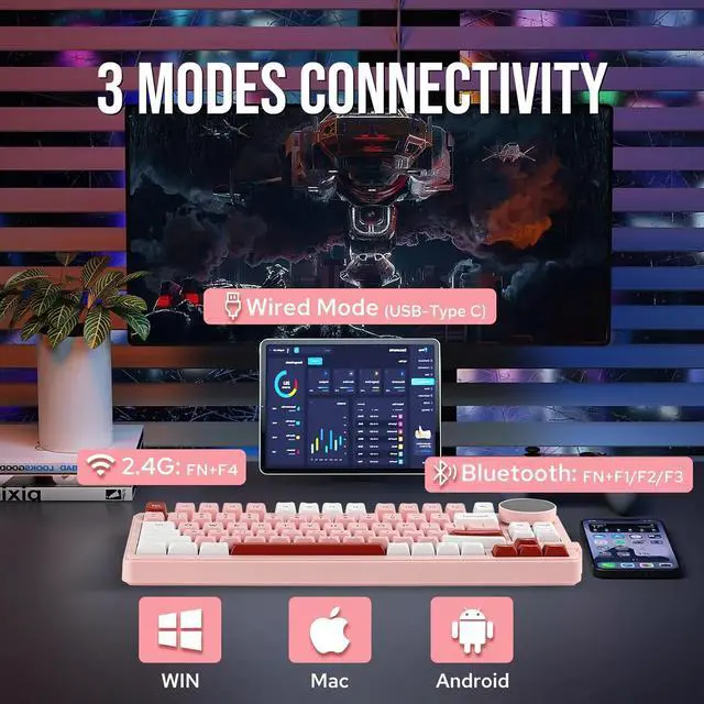 Alt view image 3 of 7 - MechLands Feker K75 Lite Gasket Mechanical Keyboard with Screen and Knob, USB-C/BT5.0/2.4G Hot Swappable Creamy Wireless Gaming Keyboard with 5000mAh Battery, RGB Backlit for Win/Mac (Pink)