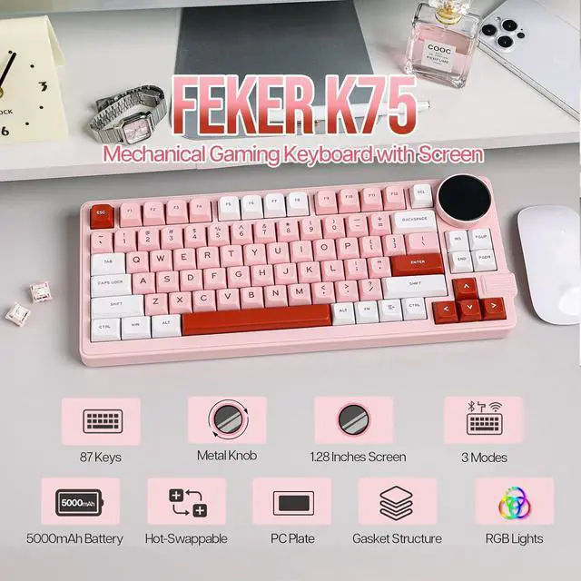 Alt view image 2 of 7 - MechLands Feker K75 Lite Gasket Mechanical Keyboard with Screen and Knob, USB-C/BT5.0/2.4G Hot Swappable Creamy Wireless Gaming Keyboard with 5000mAh Battery, RGB Backlit for Win/Mac (Pink)