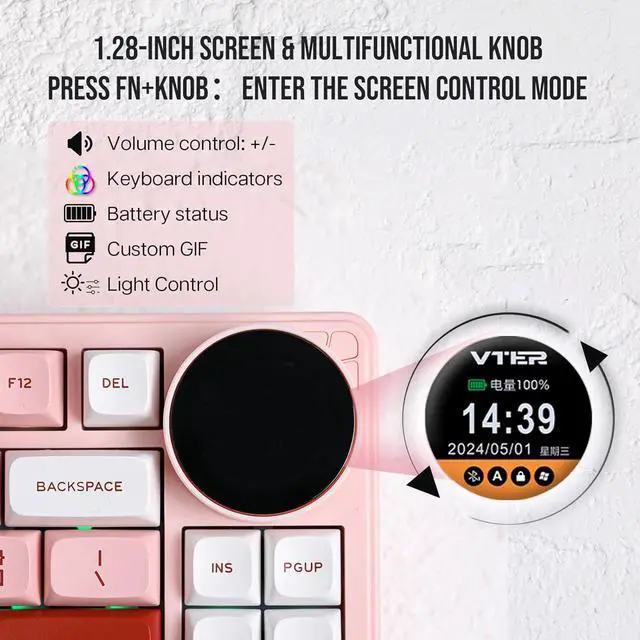 Alt view image 4 of 7 - MechLands Feker K75 Lite Gasket Mechanical Keyboard with Screen and Knob, USB-C/BT5.0/2.4G Hot Swappable Creamy Wireless Gaming Keyboard with 5000mAh Battery, RGB Backlit for Win/Mac (Pink)