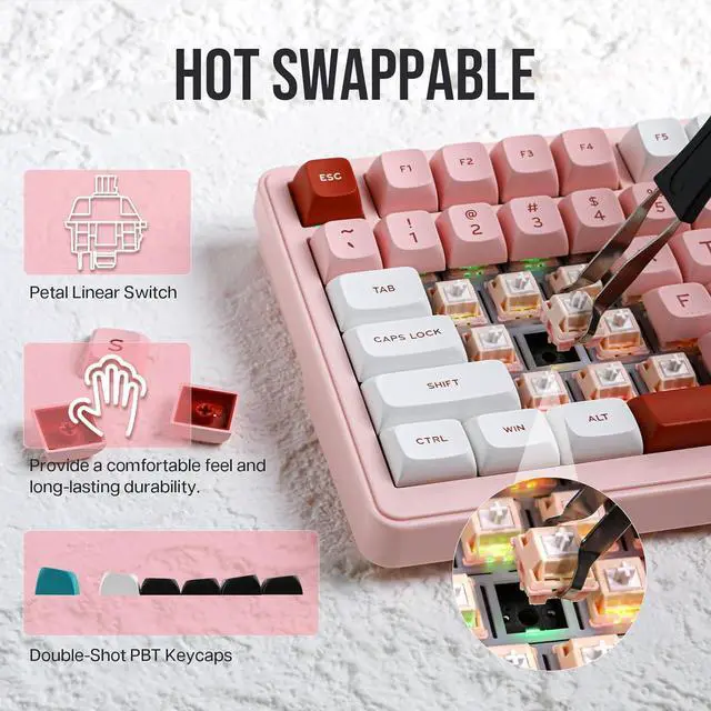 Alt view image 5 of 7 - MechLands Feker K75 Lite Gasket Mechanical Keyboard with Screen and Knob, USB-C/BT5.0/2.4G Hot Swappable Creamy Wireless Gaming Keyboard with 5000mAh Battery, RGB Backlit for Win/Mac (Pink)