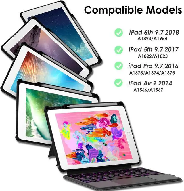 Alt view image 2 of 6 - Keyboard Case Compatible for iPad 6th Gen 2018 iPad 5th Gen 2017 iPad Pro 9.7 iPad Air 2 Magnetic Detachable Kickstand case with Bluetooth Backlit Trackpad Keyboard
