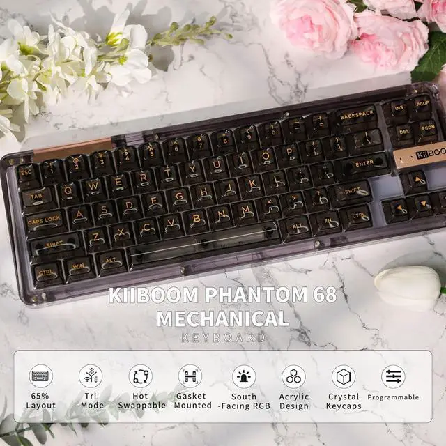 Alt view image 2 of 7 - KiiBoom Phantom 68 65% Hot Swappable Crystal Gasket-Mounted Mechanical Keyboard, BT5.0/2.4GHz/USB-C Wired Wireless NKRO Gaming Keyboard with South-Facing RGB, 4000mAh Battery for Win/Mac(Black)