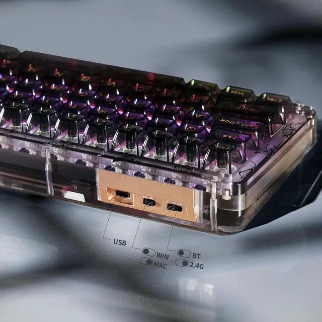 Alt view image 5 of 7 - KiiBoom Phantom 68 65% Hot Swappable Crystal Gasket-Mounted Mechanical Keyboard, BT5.0/2.4GHz/USB-C Wired Wireless NKRO Gaming Keyboard with South-Facing RGB, 4000mAh Battery for Win/Mac(Black)