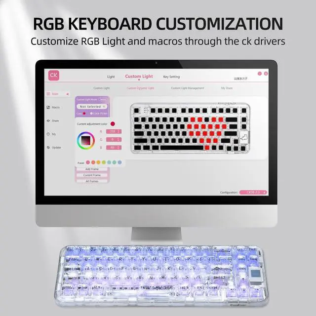 Alt view image 2 of 7 - CoolKiller CK68 Hot Swappable Transparent Keyboard with OLED Display, 60% RGB Custom Mechanical Clear Keyboards with BT5.1/2.4G/USB-C Wireless Gaming Gasket Structures, Ice Switches