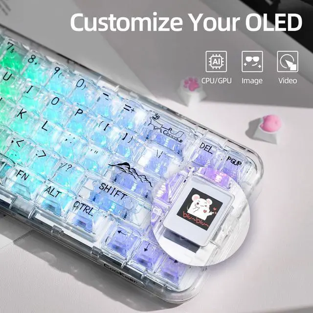 Alt view image 3 of 7 - CoolKiller CK68 Hot Swappable Transparent Keyboard with OLED Display, 60% RGB Custom Mechanical Clear Keyboards with BT5.1/2.4G/USB-C Wireless Gaming Gasket Structures, Ice Switches