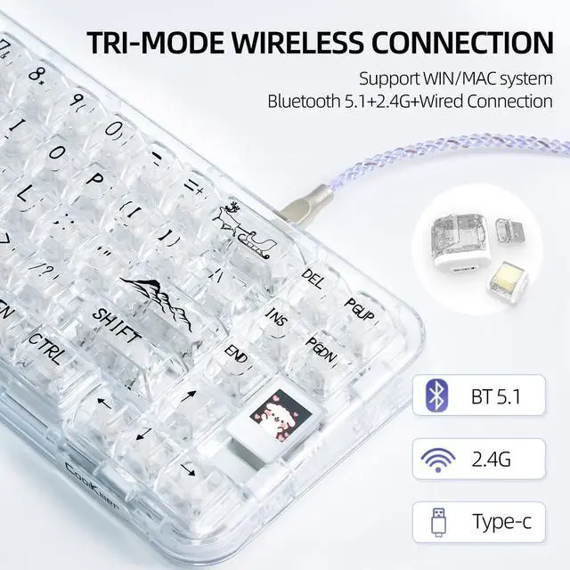Alt view image 4 of 7 - CoolKiller CK68 Hot Swappable Transparent Keyboard with OLED Display, 60% RGB Custom Mechanical Clear Keyboards with BT5.1/2.4G/USB-C Wireless Gaming Gasket Structures, Ice Switches