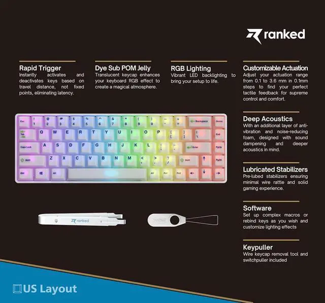 Alt view image 2 of 7 - Ranked Master M65 HE 65% | Rapid Trigger Technology | Magnetic Mechanical Gaming Keyboard | 68 Keys RGB LED for PC/Mac Gamer | US Layout (POM Dye Sub Limited Edition, Clear Switch)