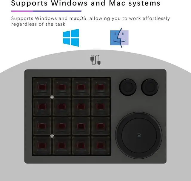 Alt view image 7 of 7 - Macro Pad,Programm Designer Macro Keyboard, 16 Keys Triple Knob and Screen with Macro Keypad,One Handed Gaming Keyboard for iOS,Windows (Black)