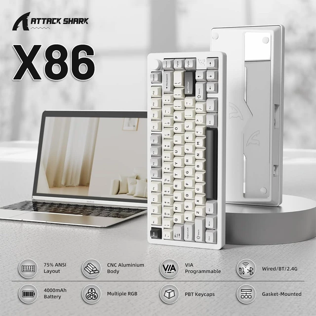 Alt view image 2 of 7 - ATTACK SHARK X86 Wireless Gaming Keyboard 75%,Aluminum Mechanical Keyboard,3-Modes Creamy Keyboard,Hot-Swap Custom Keyboard with Knob,Gasket Structure,Linear Switches,RGB Backlit Keyboard -Star White