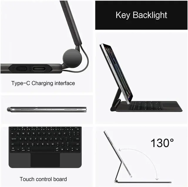 Alt view image 5 of 7 - iPad Pro 11 Inch (M4, 2024) Case with Keyboard, Magnetic Detachable Keyboard with Multi-Touch Trackpad, Backlit Wireless Keyboard Case with Easy-Set Magnetic Portrait/Landscape Stand, Black